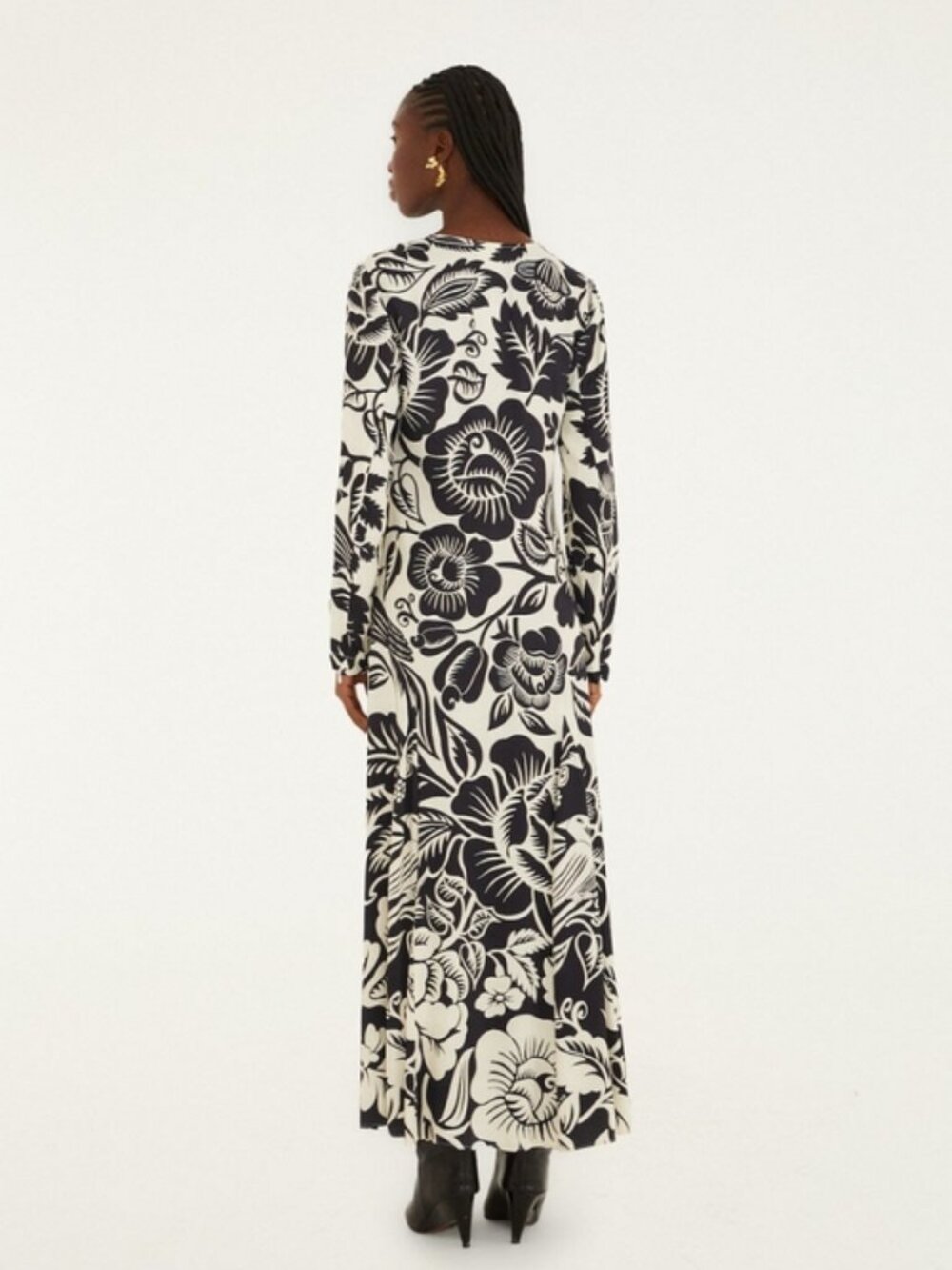 FARM Rio Cashews and Birds Maxi Dress Long Sleeves Size M White Black - Picture 2 of 4